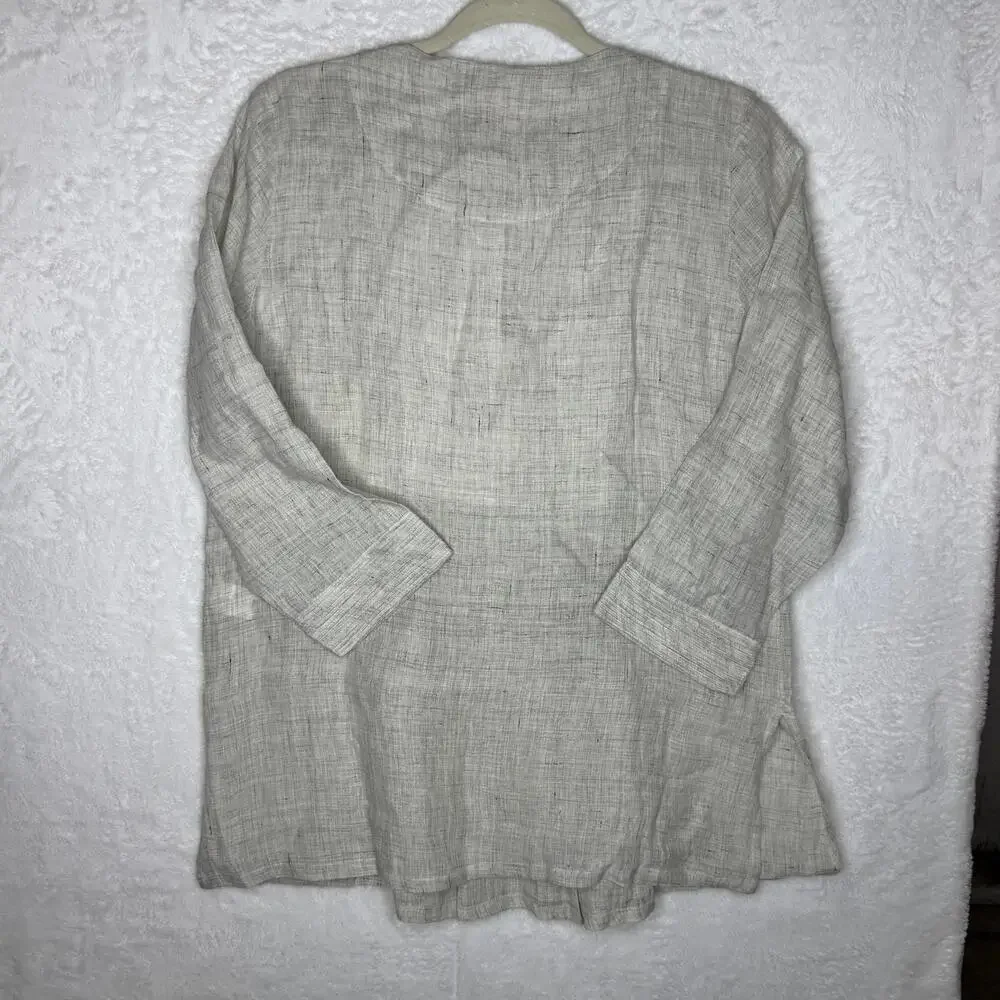 Anokhi Blouse Womens Large Gray Linen Pleated Tunic 3/4 Sleeve Button Front